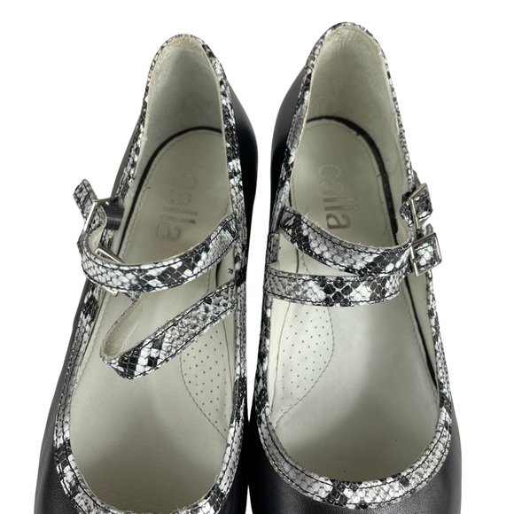 Calla Reptile Snakeskin Soft Leather Black White Point Toe Maryjane Block Heels - Picture 4 of 15